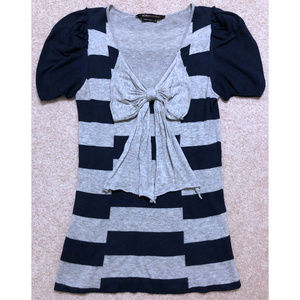 BCBG Max Azria Navy Blue Heather Gray Striped Ruffle Puff Bow Sweater XS XSmall